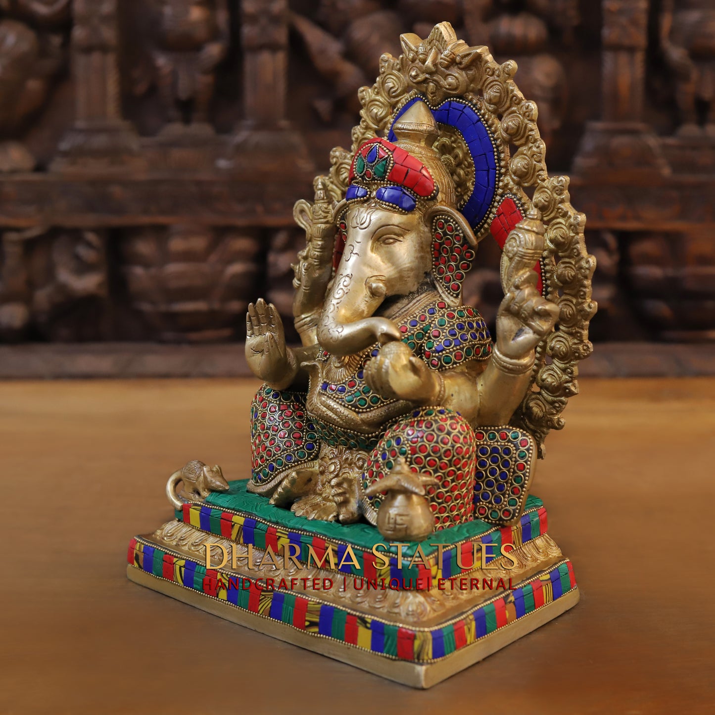Brass Ganesh seated on Base with Frame, Blessing Position, Golden & Stonework, 12"