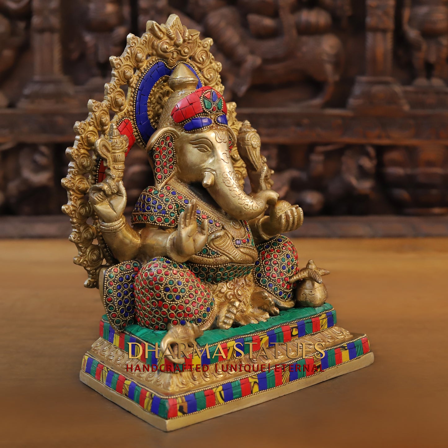 Brass Ganesh seated on Base with Frame, Blessing Position, Golden & Stonework, 12"