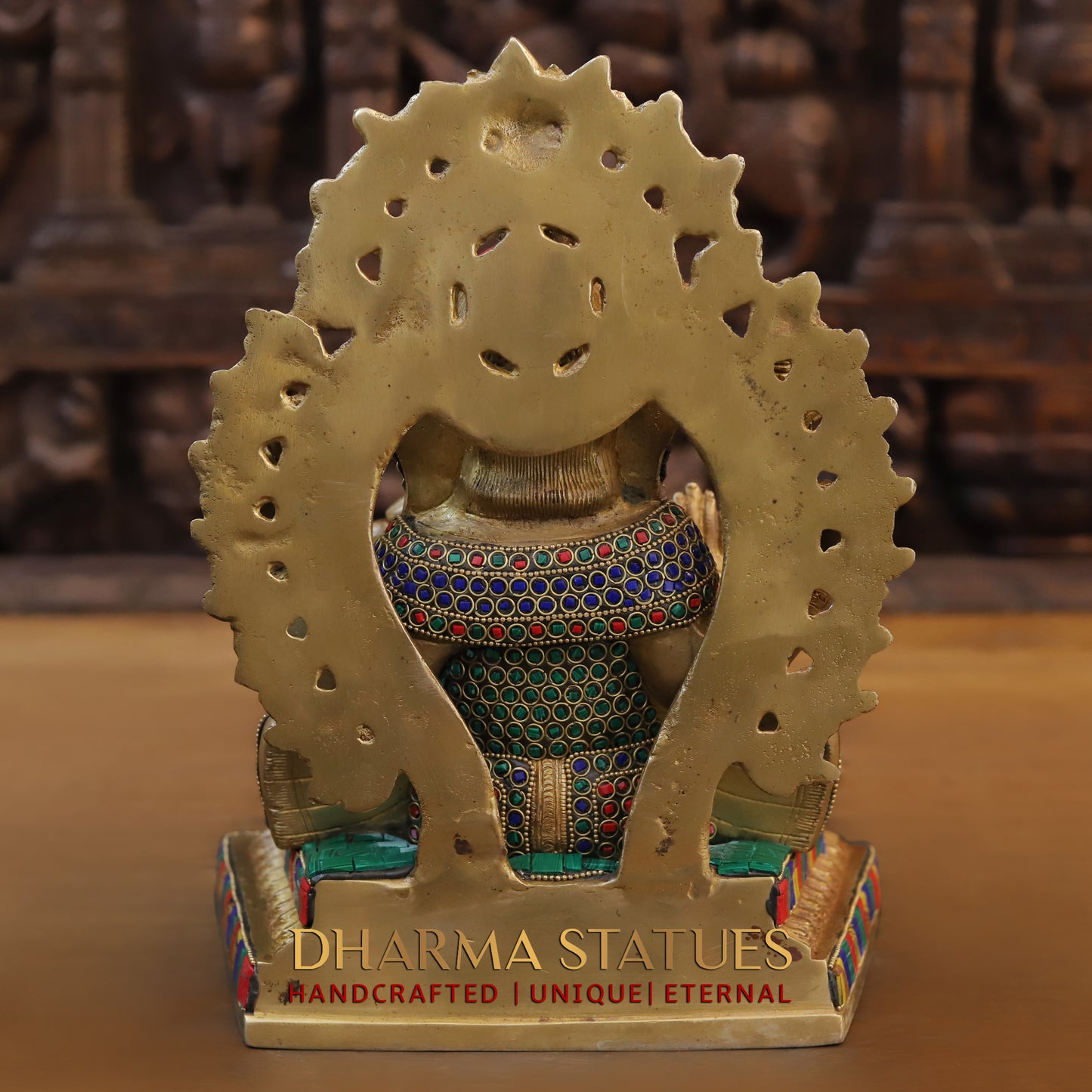 Brass Ganesh seated on Base with Frame, Blessing Position, Golden & Stonework, 12"