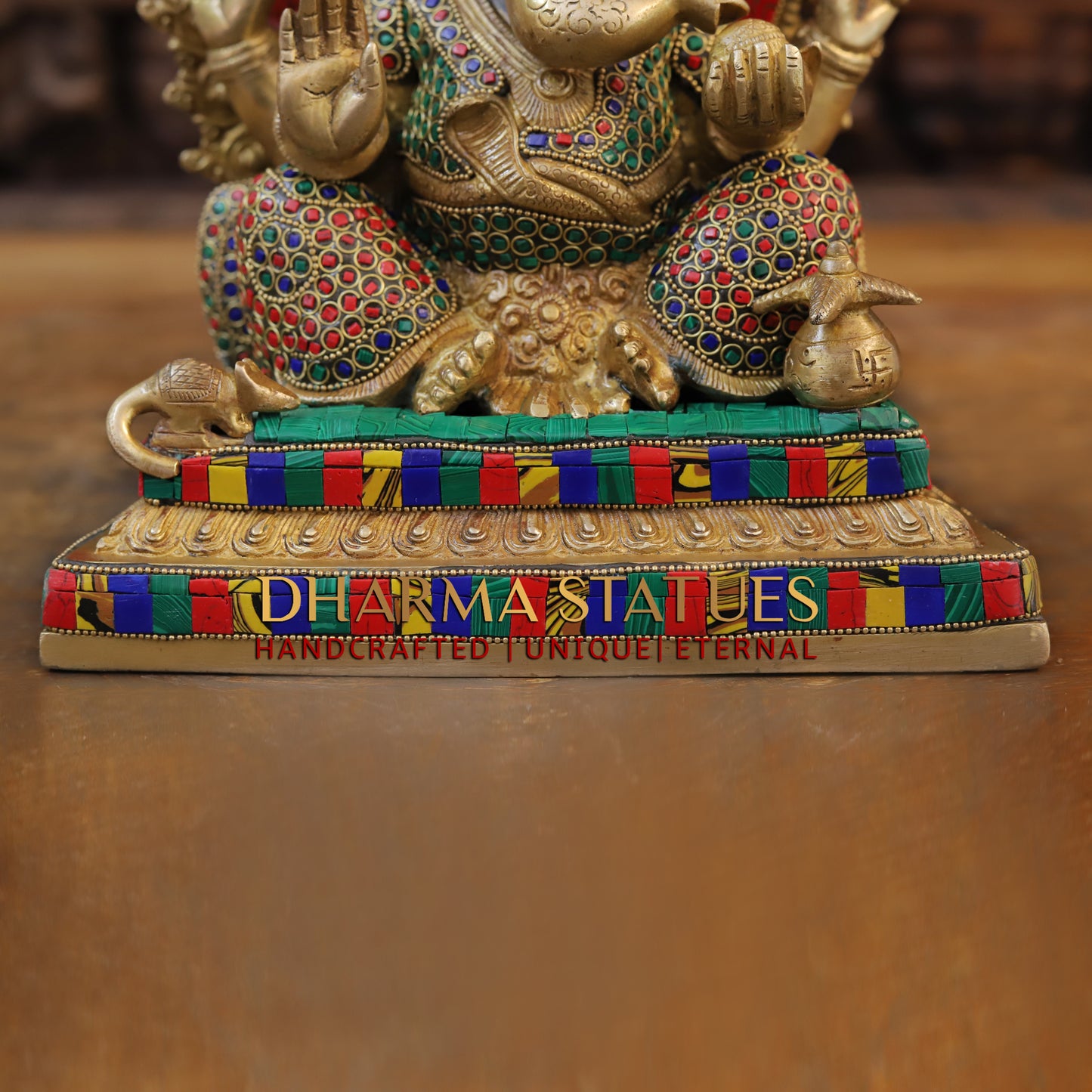 Brass Ganesh seated on Base with Frame, Blessing Position, Golden & Stonework, 12"