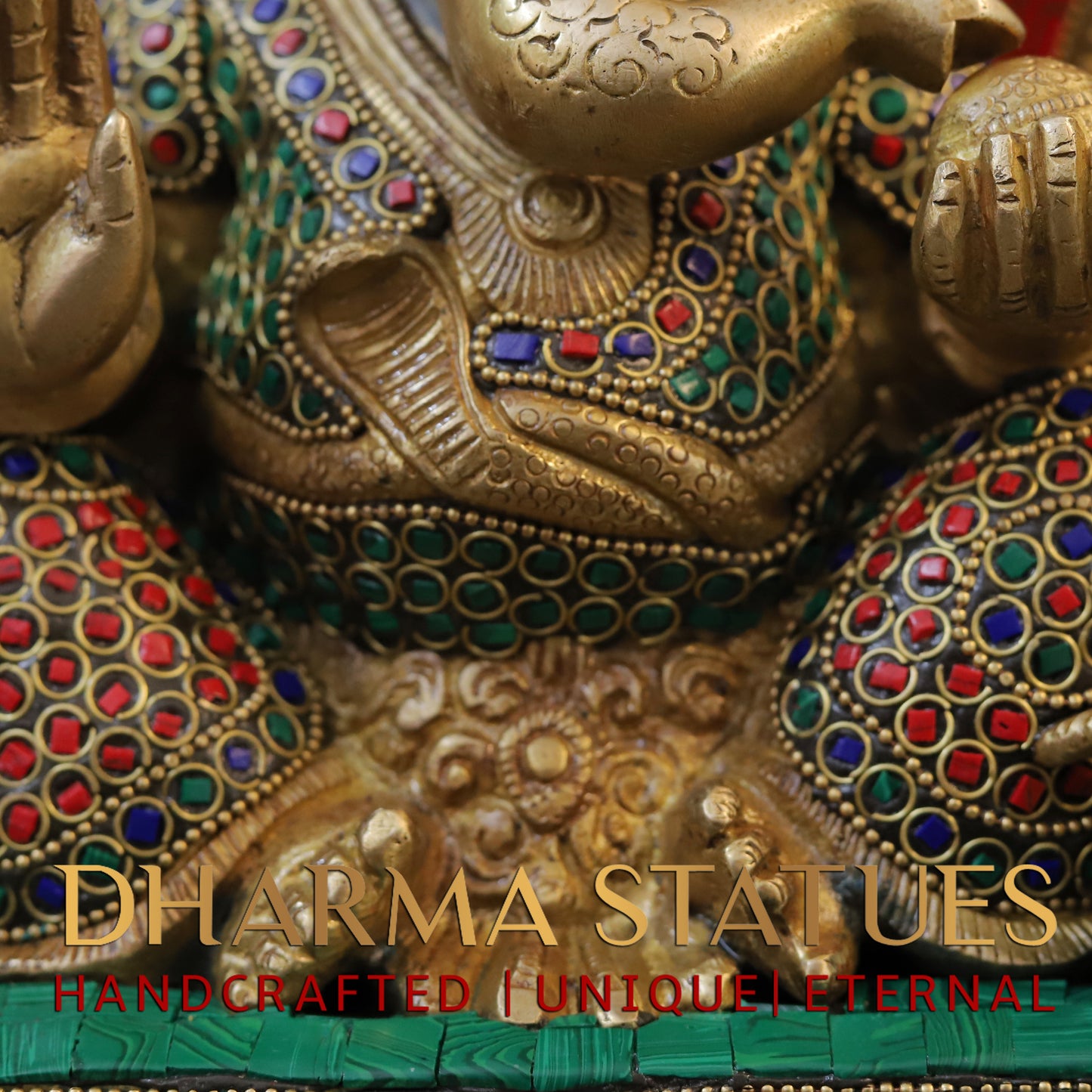 Brass Ganesh seated on Base with Frame, Blessing Position, Golden & Stonework, 12"