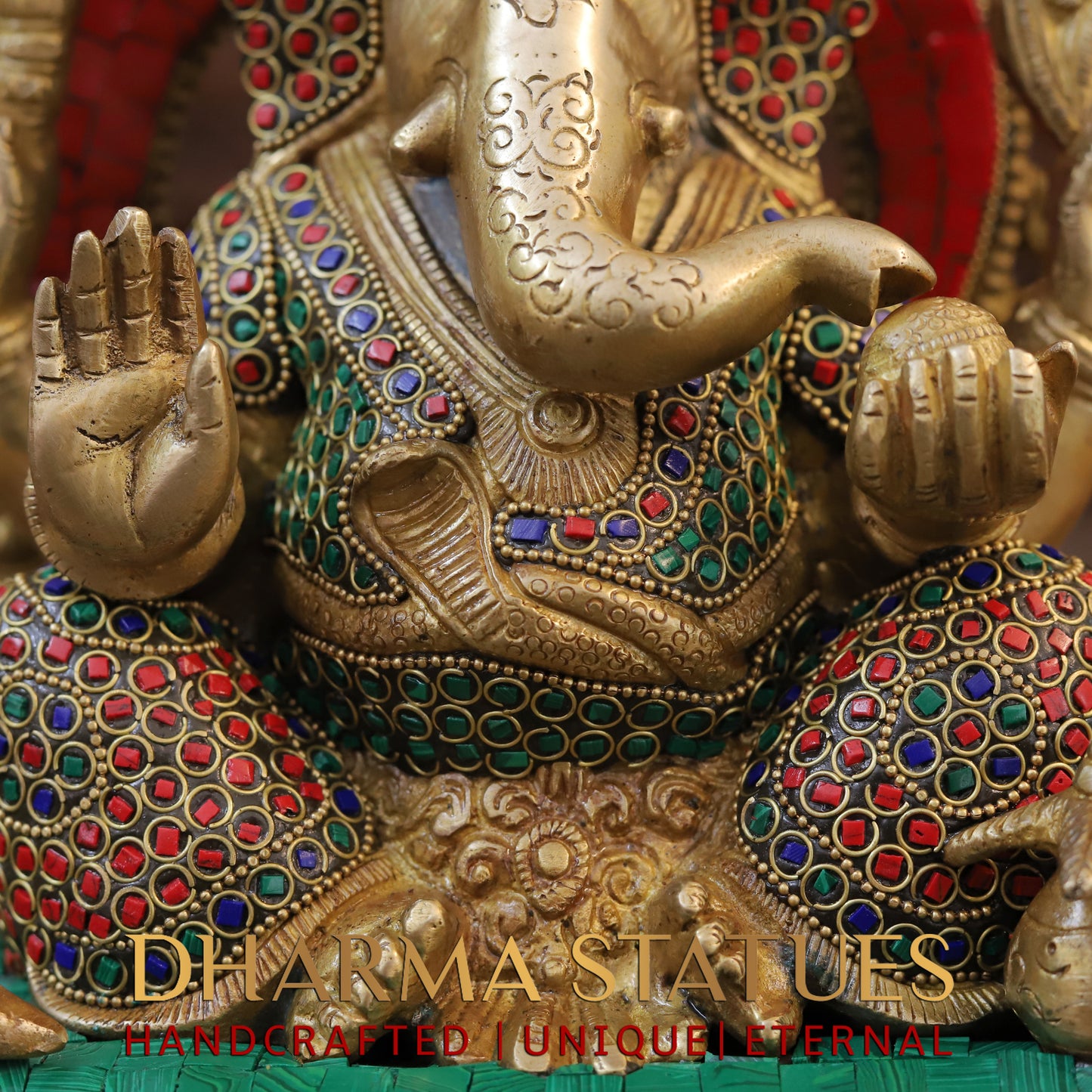 Brass Ganesh seated on Base with Frame, Blessing Position, Golden & Stonework, 12"