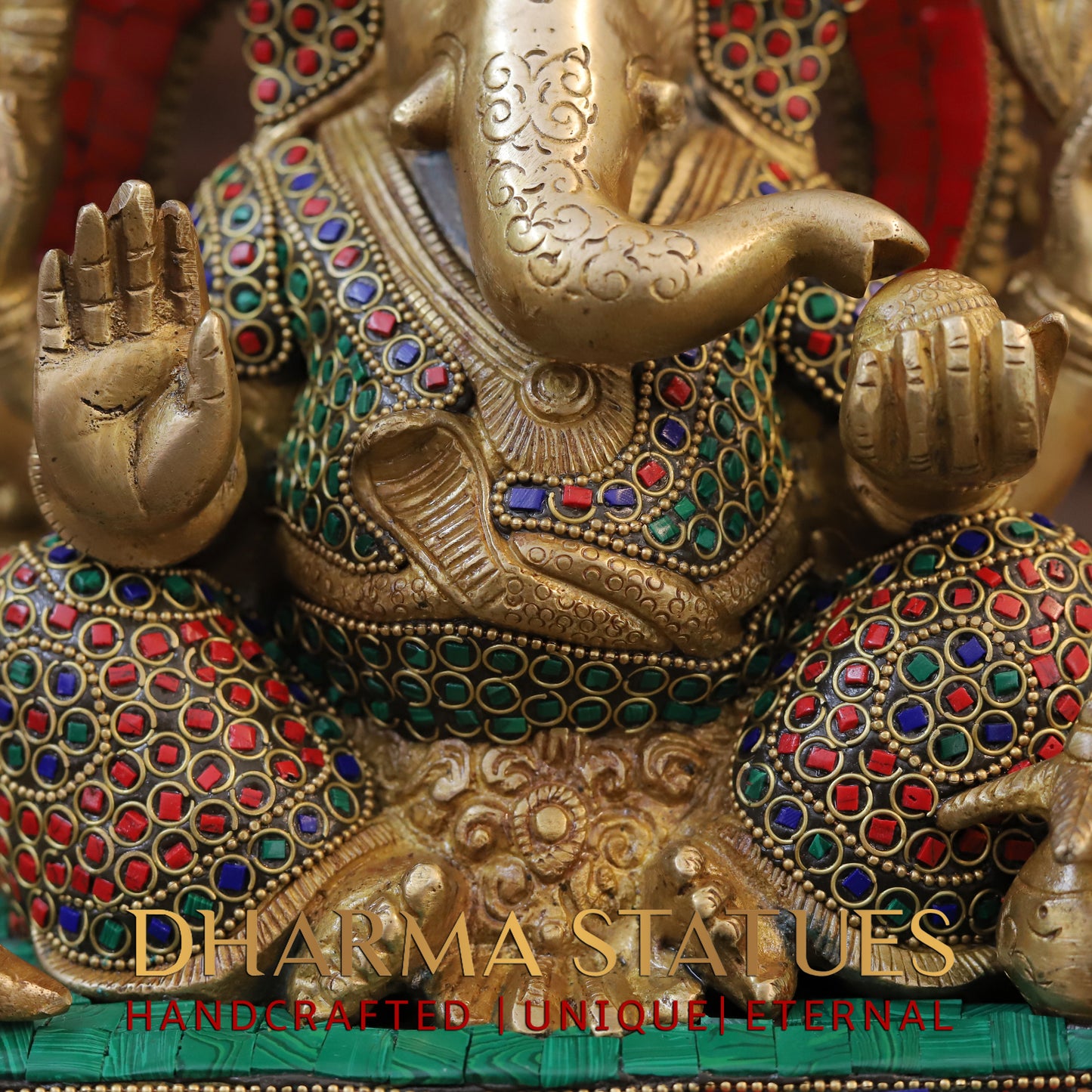 Brass Ganesh seated on Base with Frame, Blessing Position, Golden & Stonework, 12"