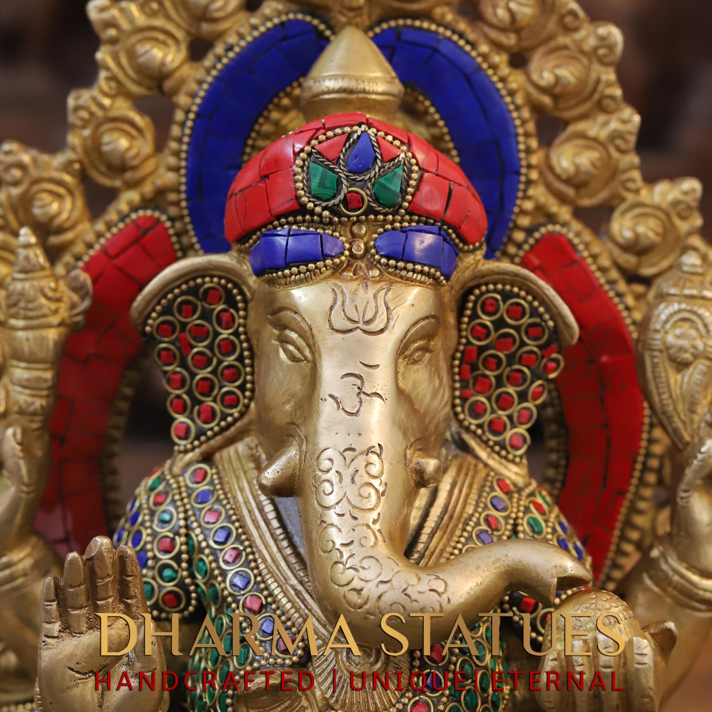 Brass Ganesh seated on Base with Frame, Blessing Position, Golden & Stonework, 12"