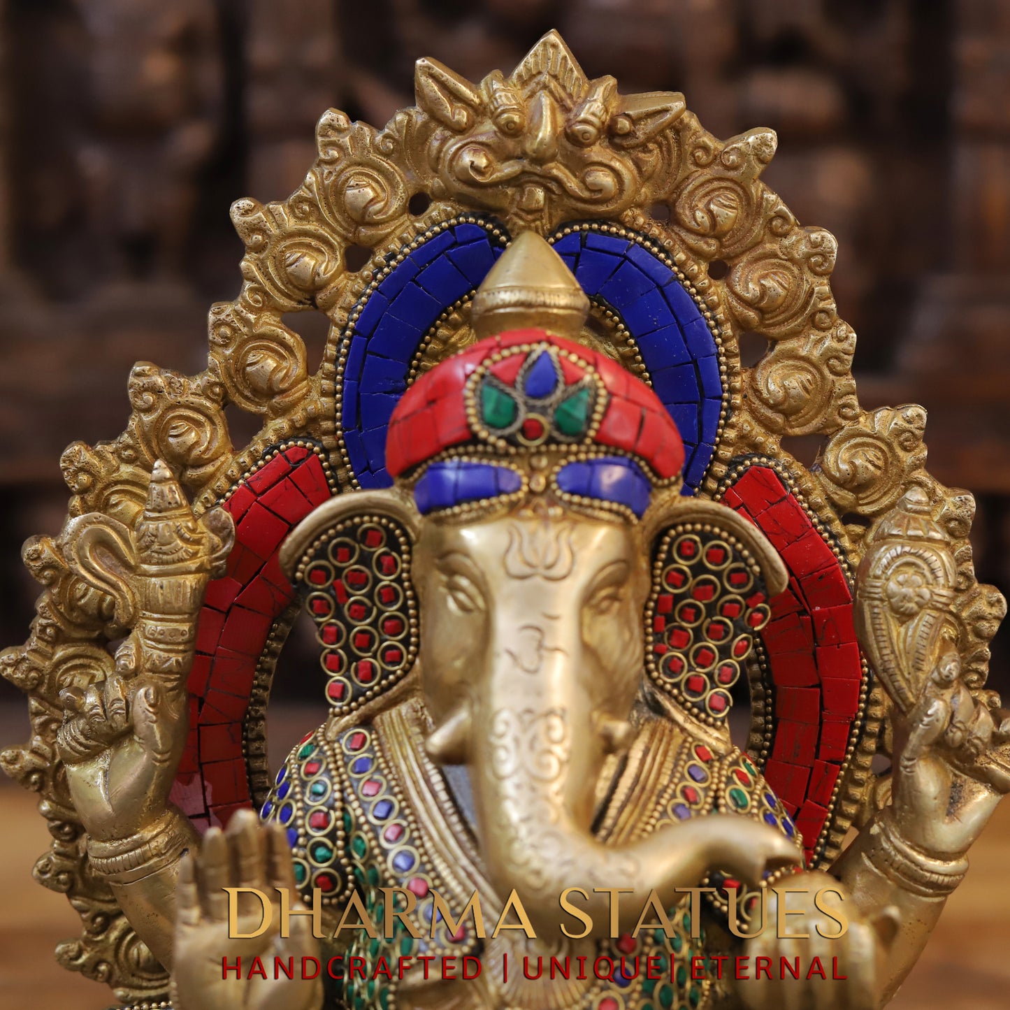 Brass Ganesh seated on Base with Frame, Blessing Position, Golden & Stonework, 12"