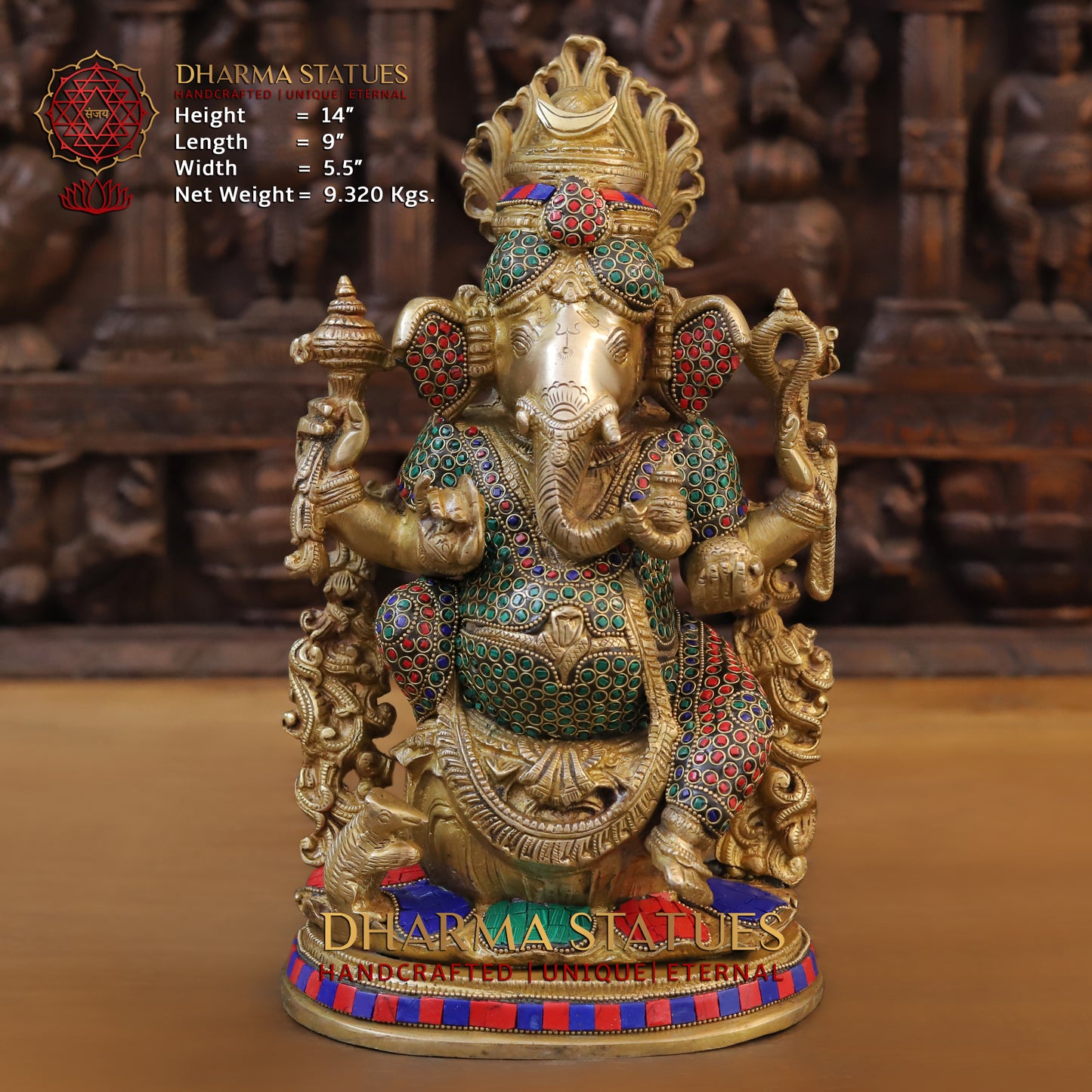 Brass Ganesh seated on Base, Blessing Position, Golden & Stonework, 14"