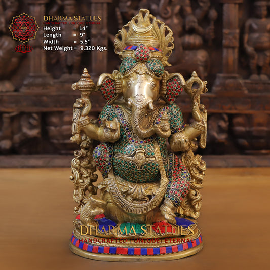 Brass Ganesh seated on Base, Blessing Position, Golden & Stonework, 14"