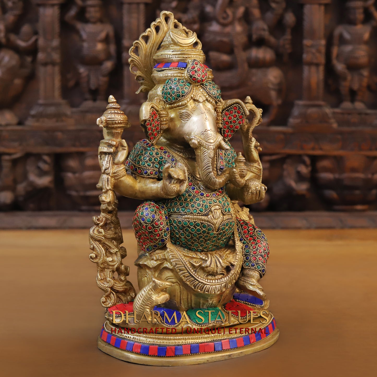 Brass Ganesh seated on Base, Blessing Position, Golden & Stonework, 14"