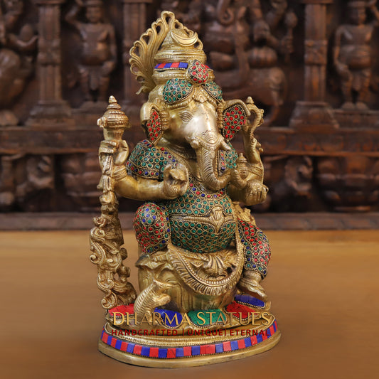 Brass Ganesh seated on Base, Blessing Position, Golden & Stonework, 14"