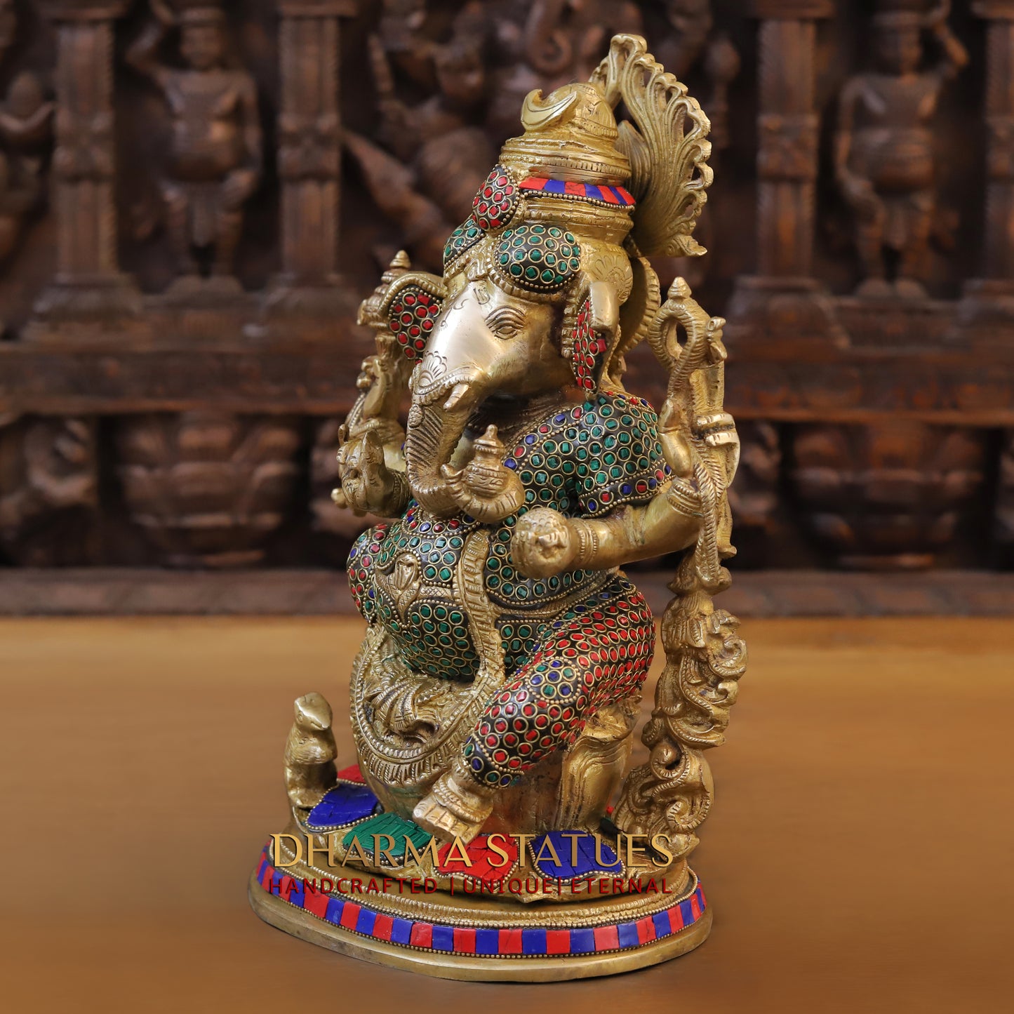 Brass Ganesh seated on Base, Blessing Position, Golden & Stonework, 14"
