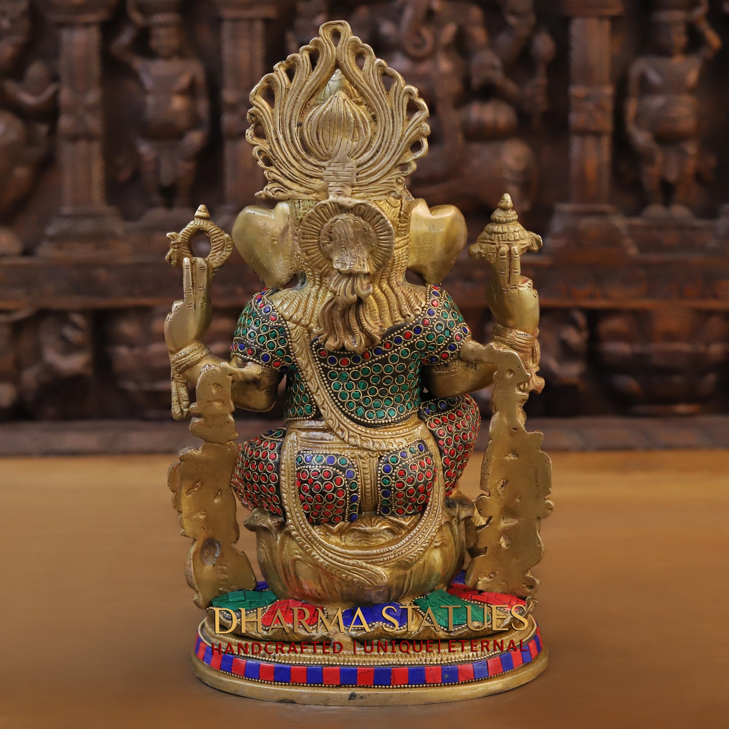 Brass Ganesh seated on Base, Blessing Position, Golden & Stonework, 14"