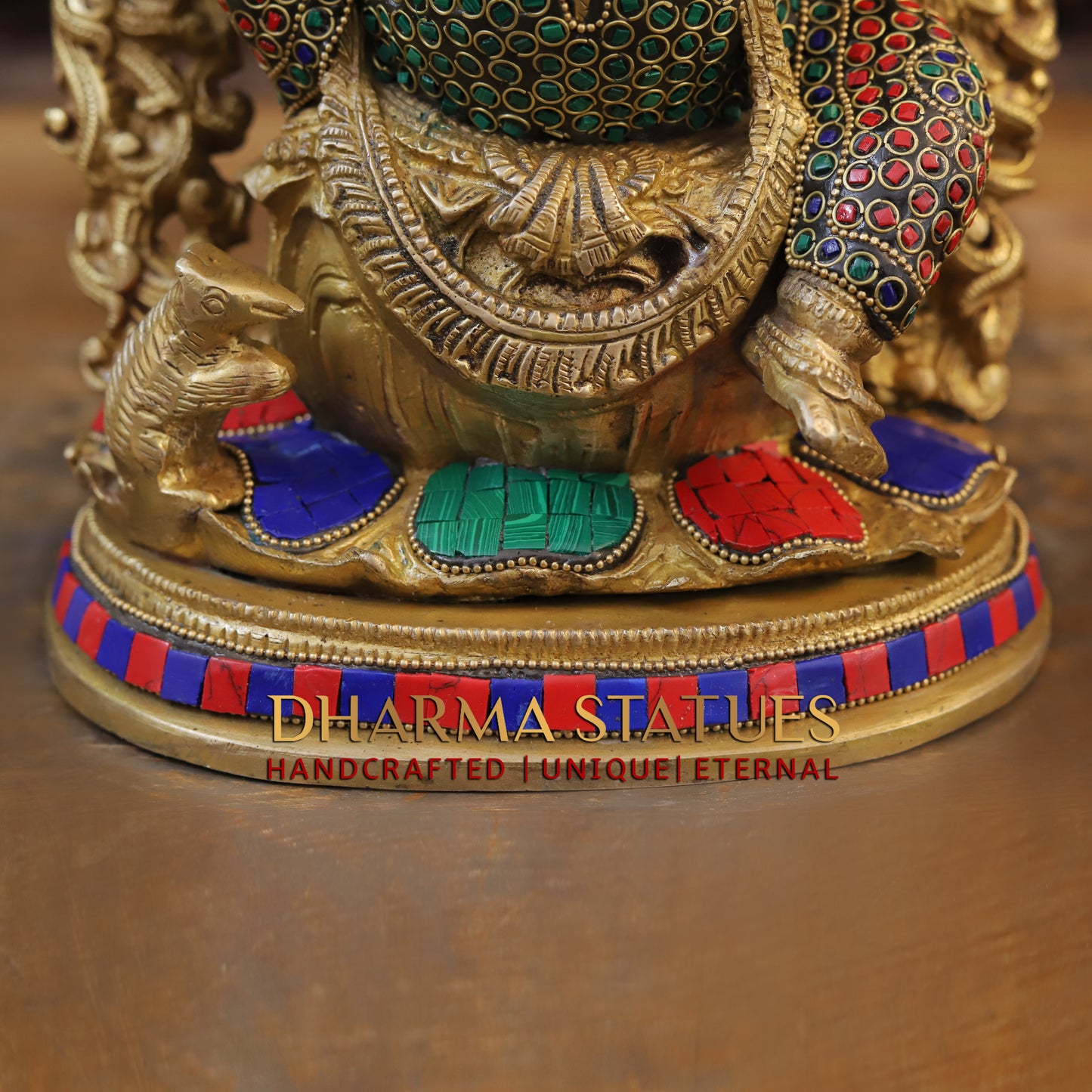 Brass Ganesh seated on Base, Blessing Position, Golden & Stonework, 14"