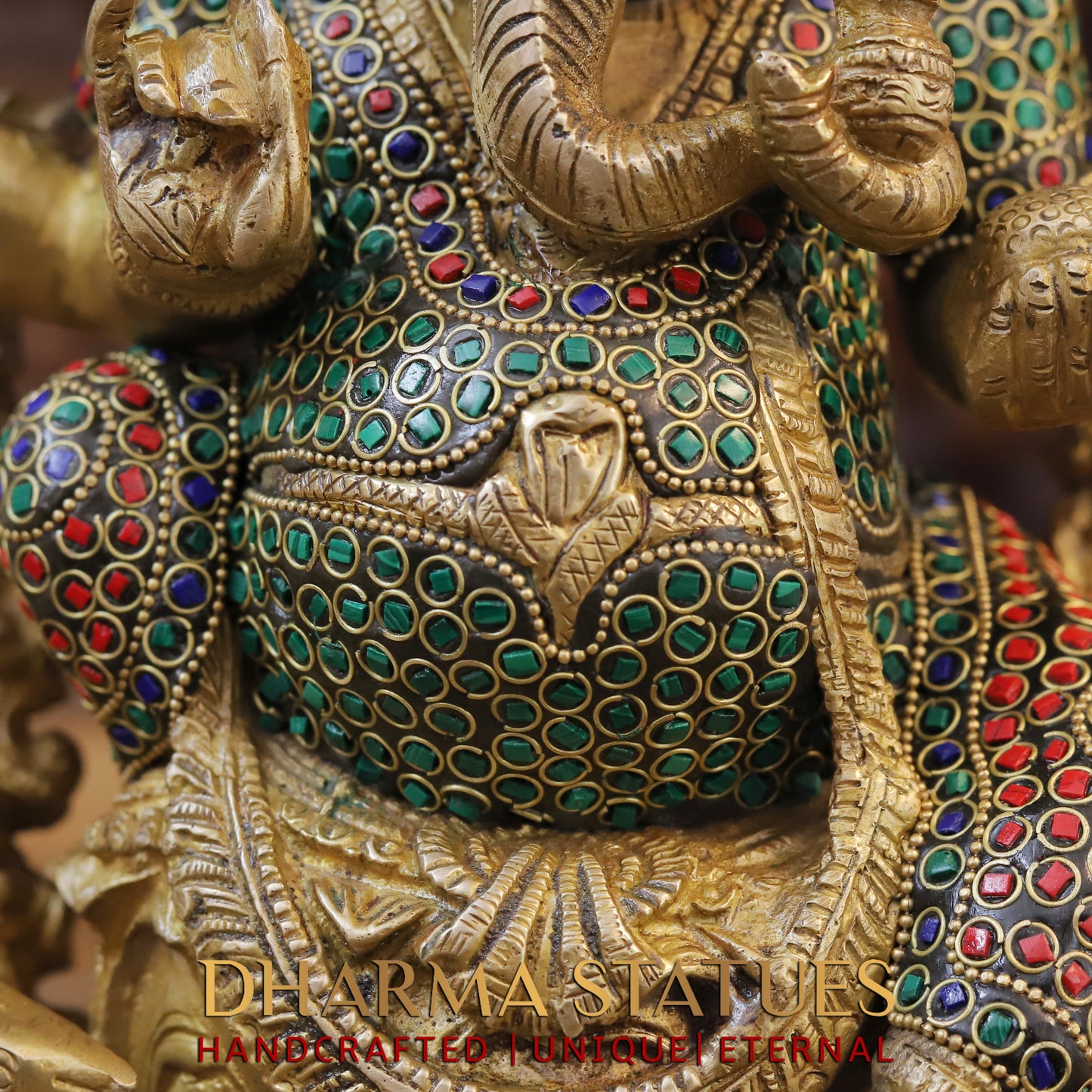 Brass Ganesh seated on Base, Blessing Position, Golden & Stonework, 14"