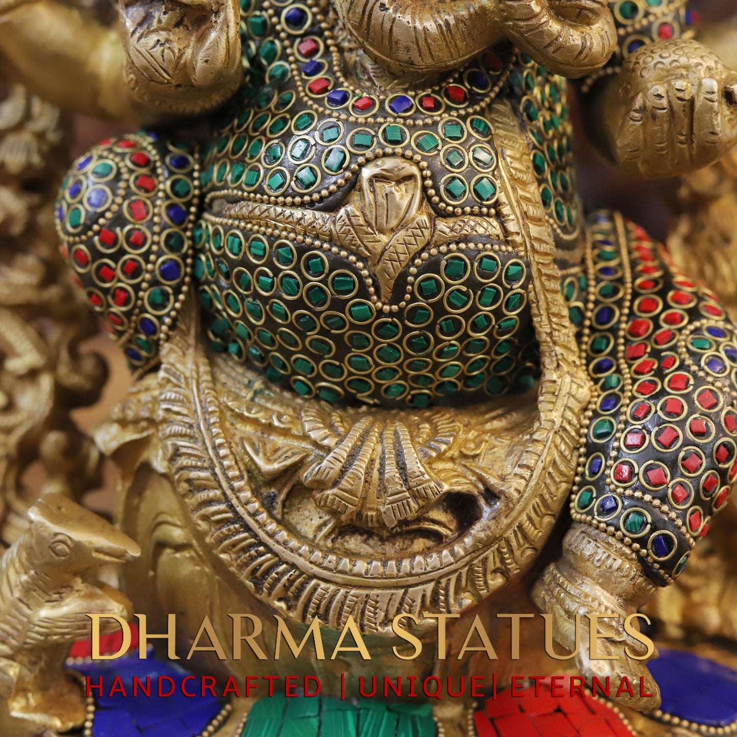 Brass Ganesh seated on Base, Blessing Position, Golden & Stonework, 14"