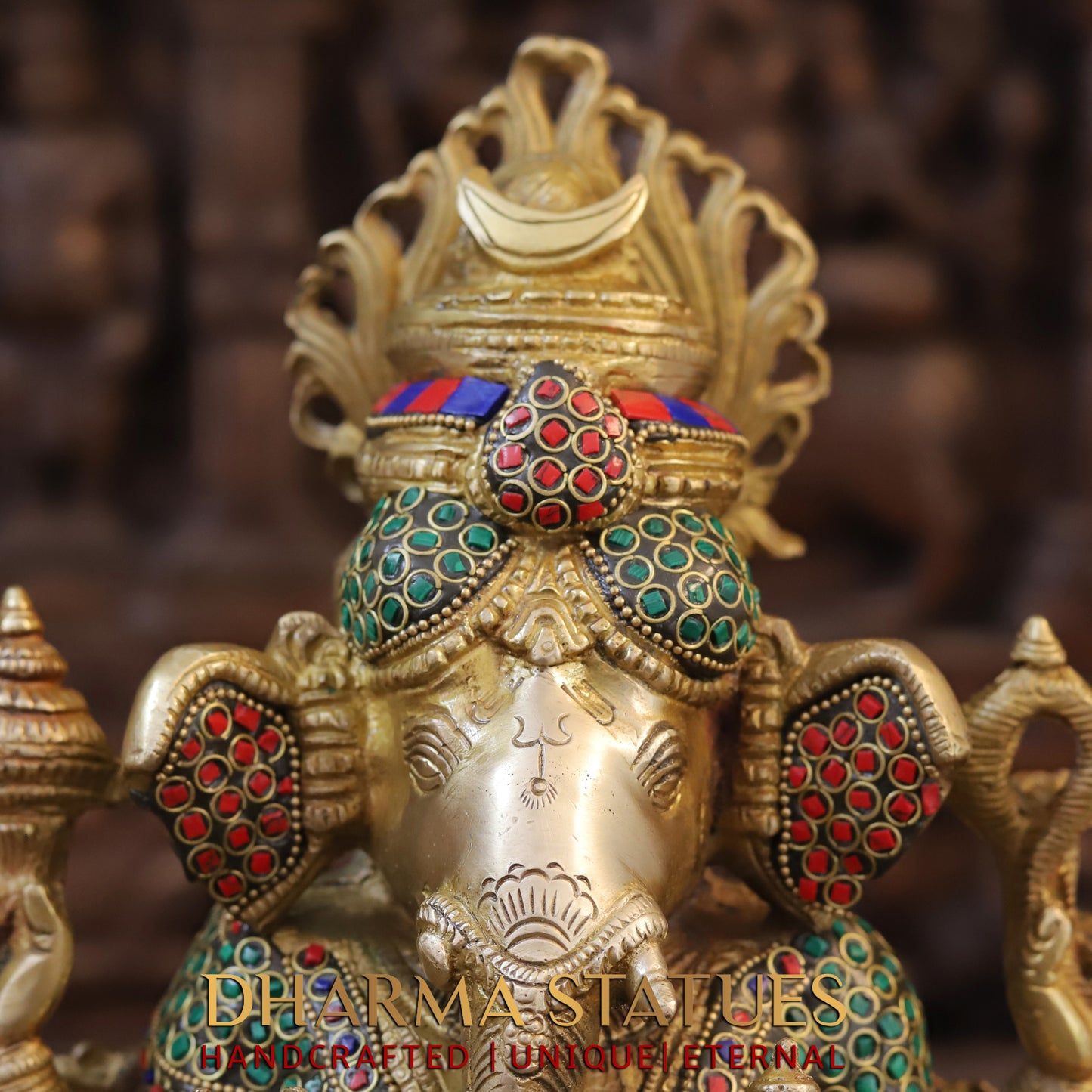 Brass Ganesh seated on Base, Blessing Position, Golden & Stonework, 14"