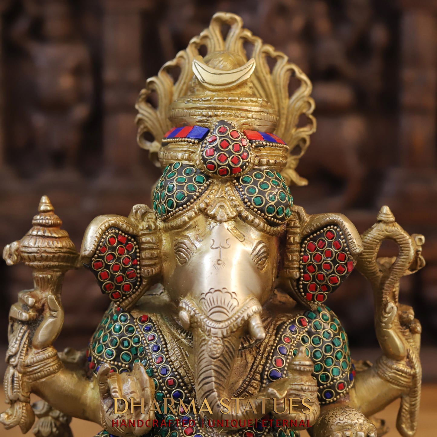 Brass Ganesh seated on Base, Blessing Position, Golden & Stonework, 14"