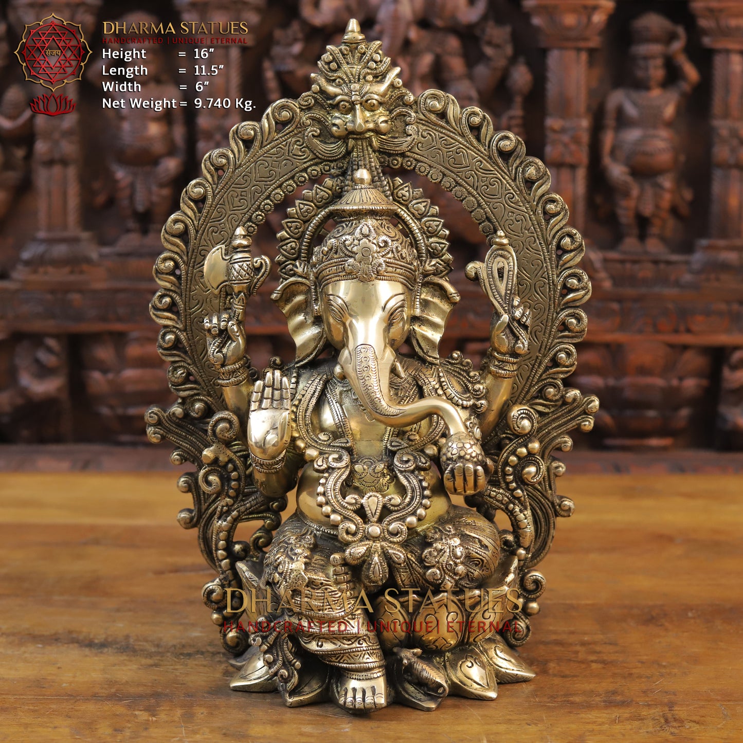 Brass Ganesh Statue, Seated on a Lotus, Fine Golden Work 16"