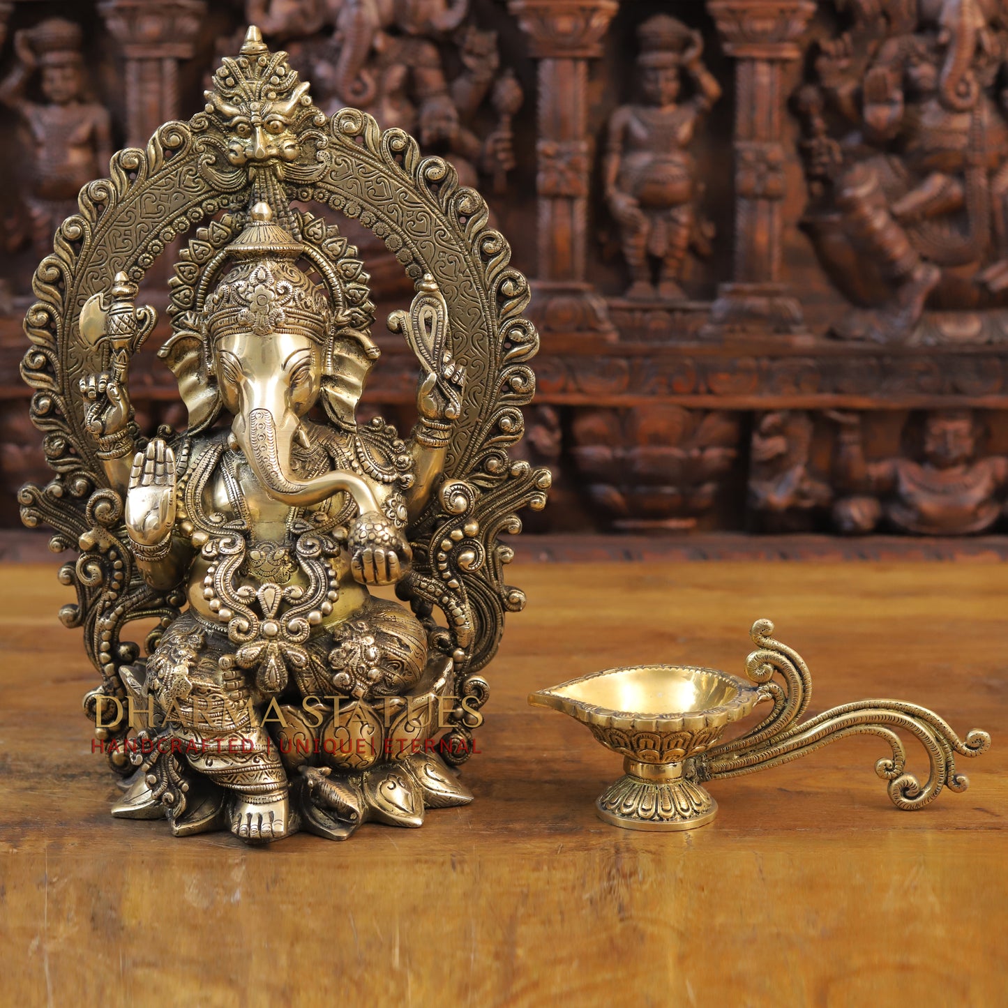 Brass Ganesh Statue, Seated on a Lotus, Fine Golden Work 16"