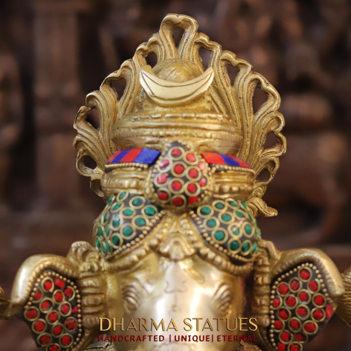 Brass Ganesh seated on Base, Blessing Position, Golden & Stonework, 14"