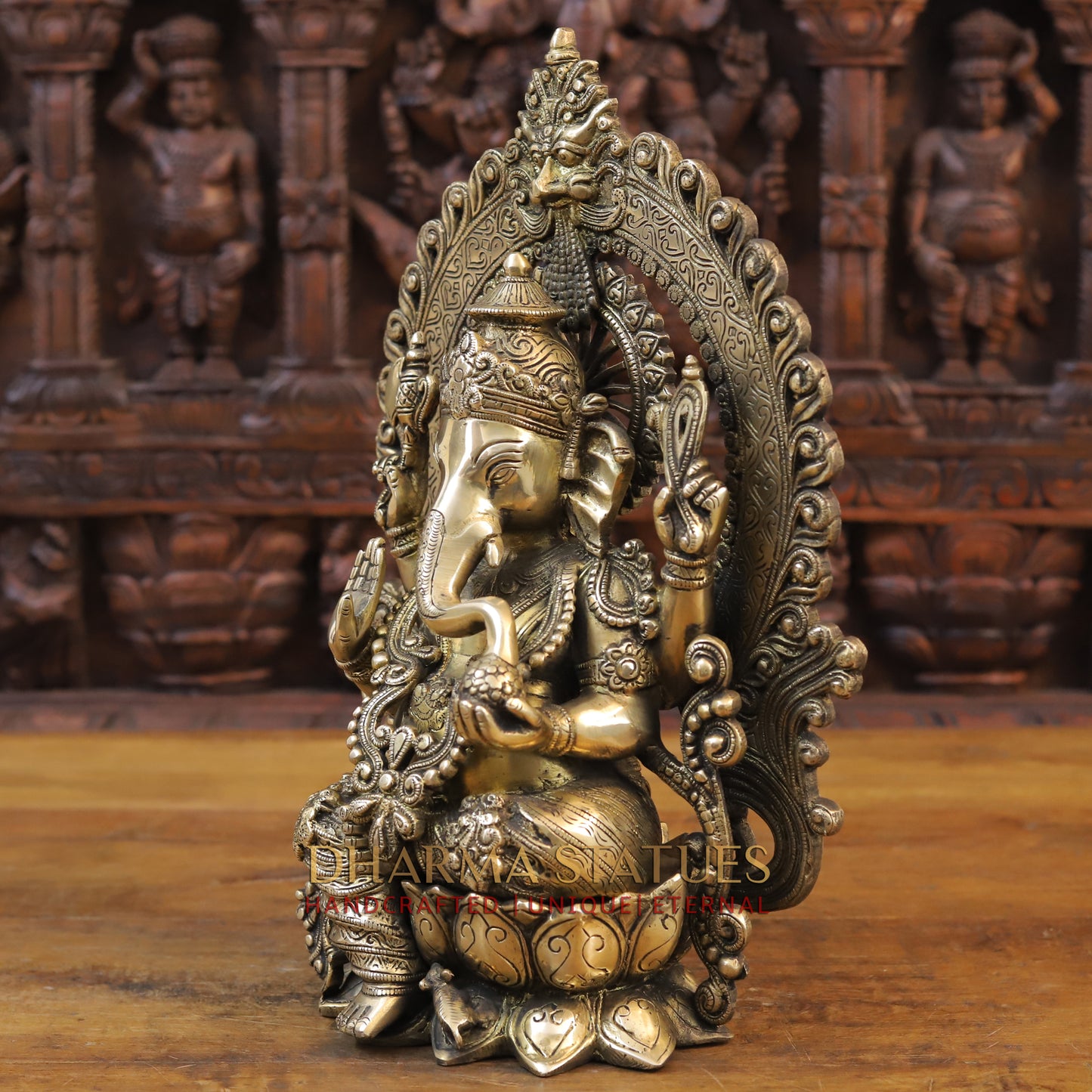 Brass Ganesh Statue, Seated on a Lotus, Fine Golden Work 16"