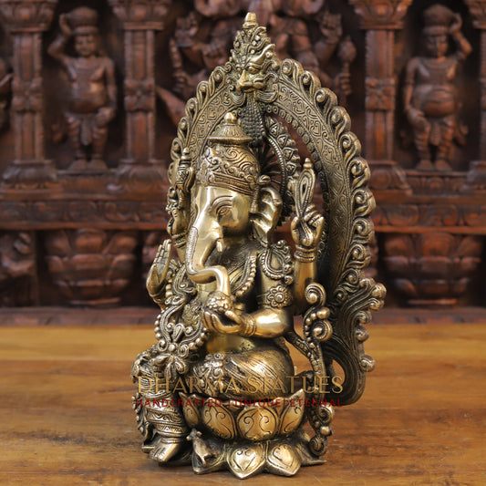 Brass Ganesh Statue, Seated on a Lotus, Fine Golden Work 16"