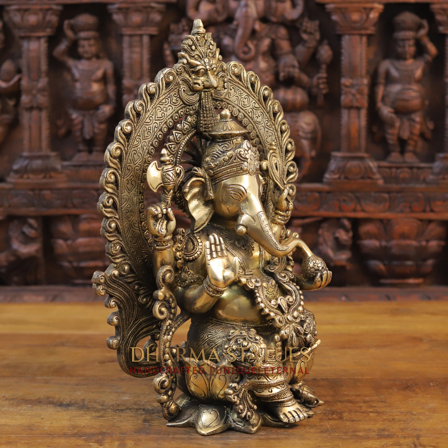 Brass Ganesh Statue, Seated on a Lotus, Fine Golden Work 16"