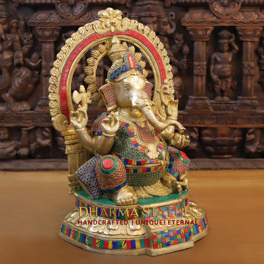 Brass Ganesh seated on Base with Frame, Blessing Position, Golden & Stonework, 19.5"