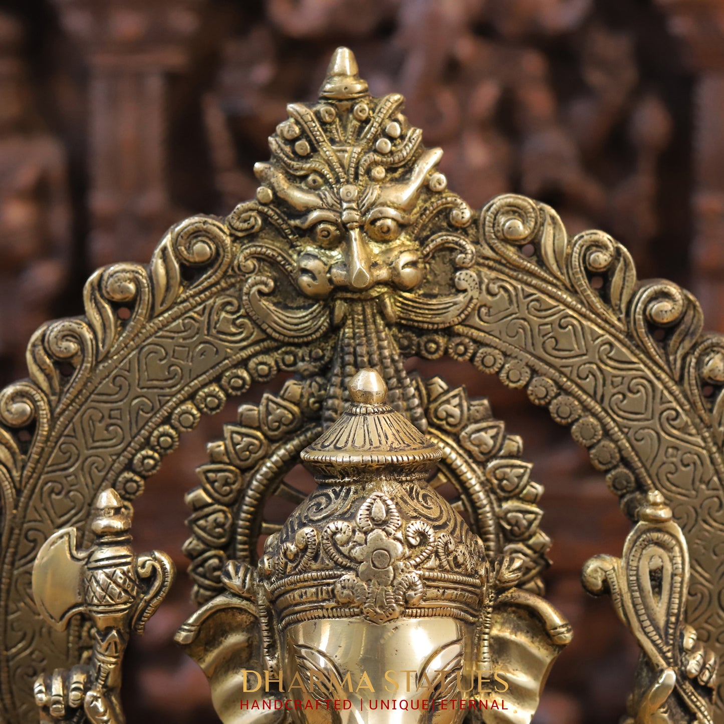 Brass Ganesh Statue, Seated on a Lotus, Fine Golden Work 16"