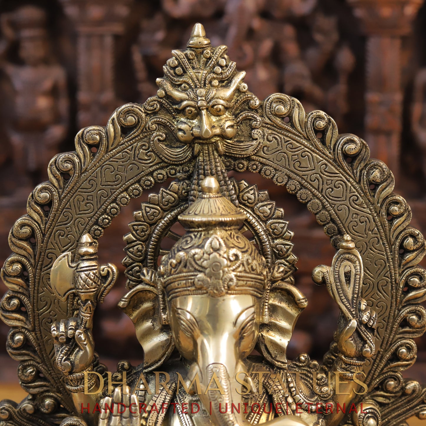Brass Ganesh Statue, Seated on a Lotus, Fine Golden Work 16"