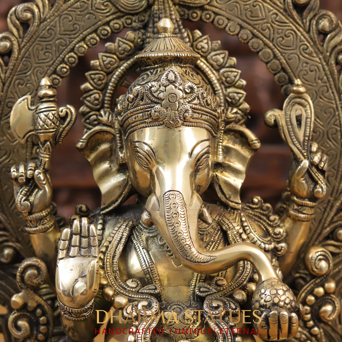 Brass Ganesh Statue, Seated on a Lotus, Fine Golden Work 16"