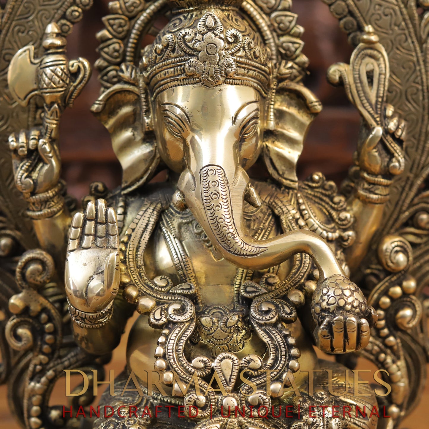 Brass Ganesh Statue, Seated on a Lotus, Fine Golden Work 16"