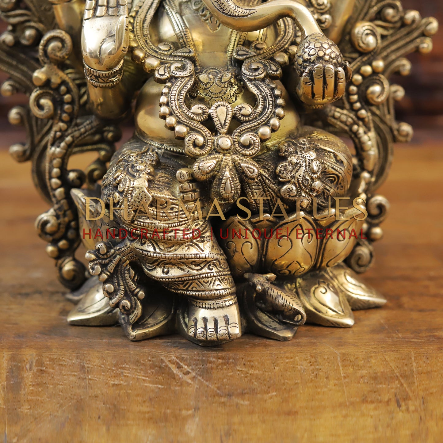 Brass Ganesh Statue, Seated on a Lotus, Fine Golden Work 16"