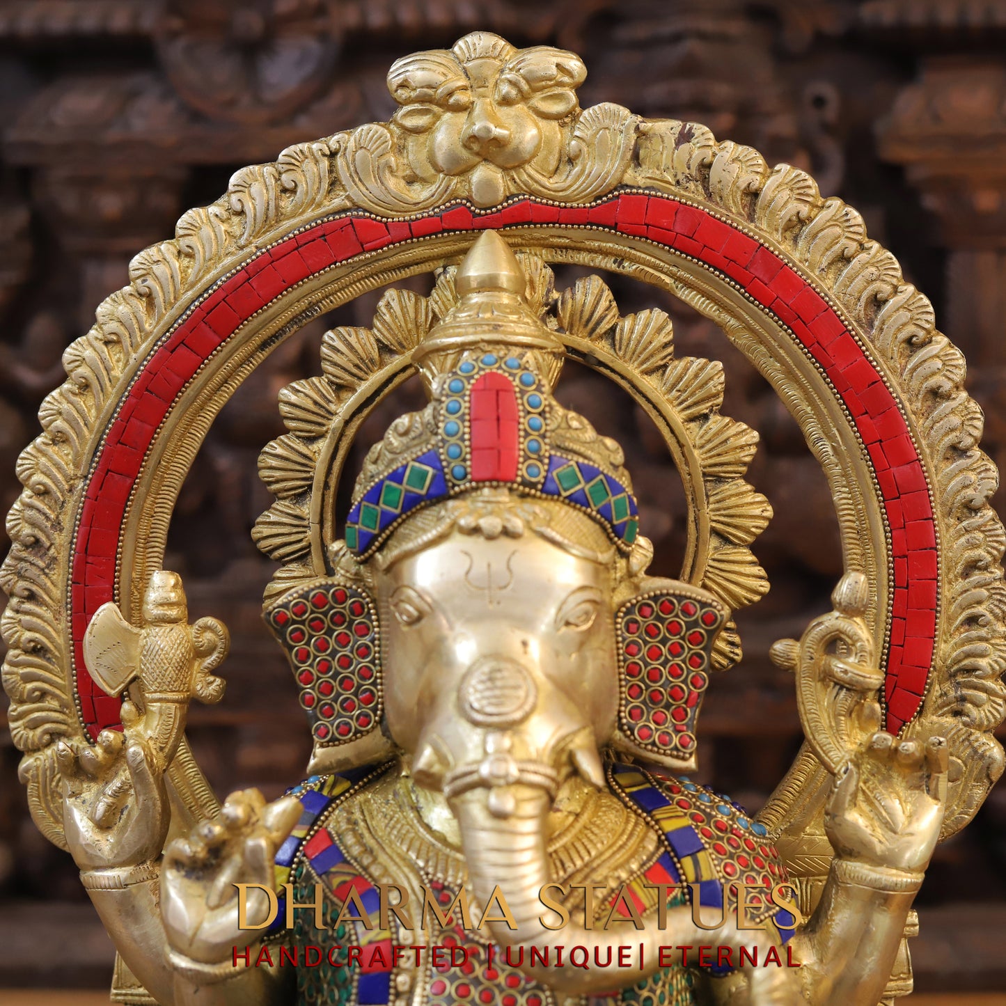 Brass Ganesh seated on Base with Frame, Blessing Position, Golden & Stonework, 19.5"