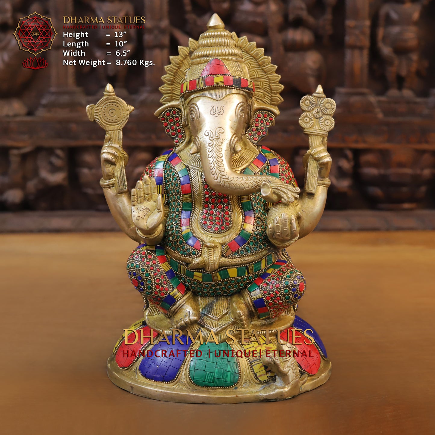 Brass Ganesh seated on Base, Blessing Posture, Golden & Stonework, 13"