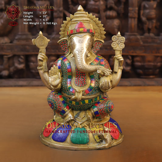 Brass Ganesh seated on Base, Blessing Posture, Golden & Stonework, 13"