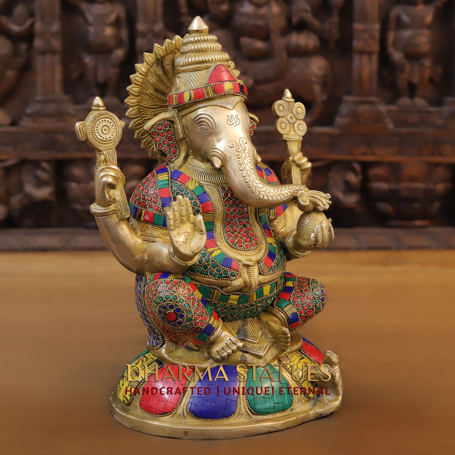 Brass Ganesh seated on Base, Blessing Posture, Golden & Stonework, 13"