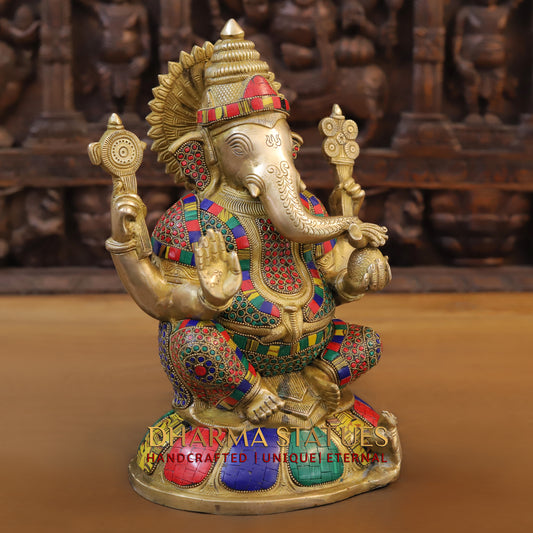 Brass Ganesh seated on Base, Blessing Posture, Golden & Stonework, 13"