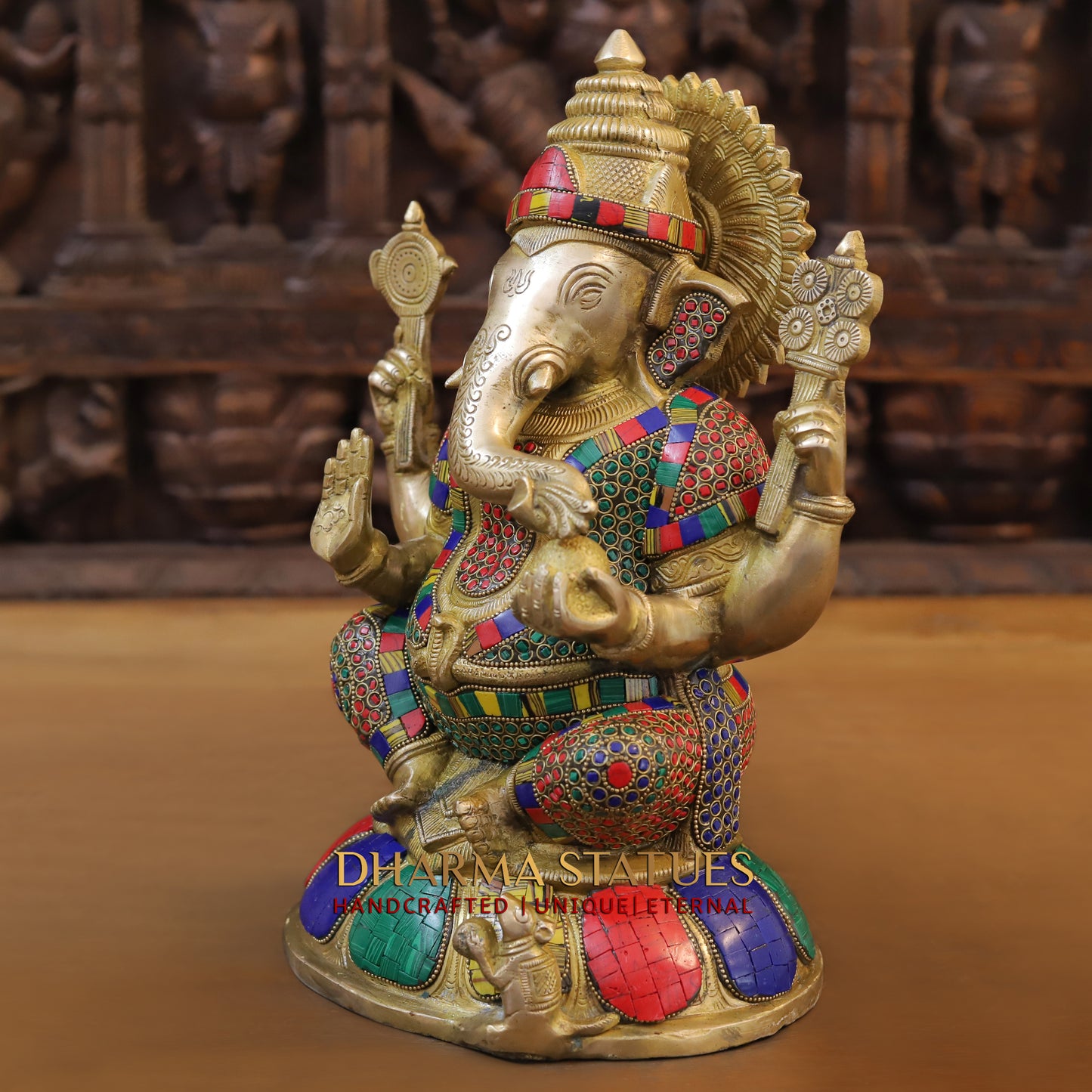 Brass Ganesh seated on Base, Blessing Posture, Golden & Stonework, 13"