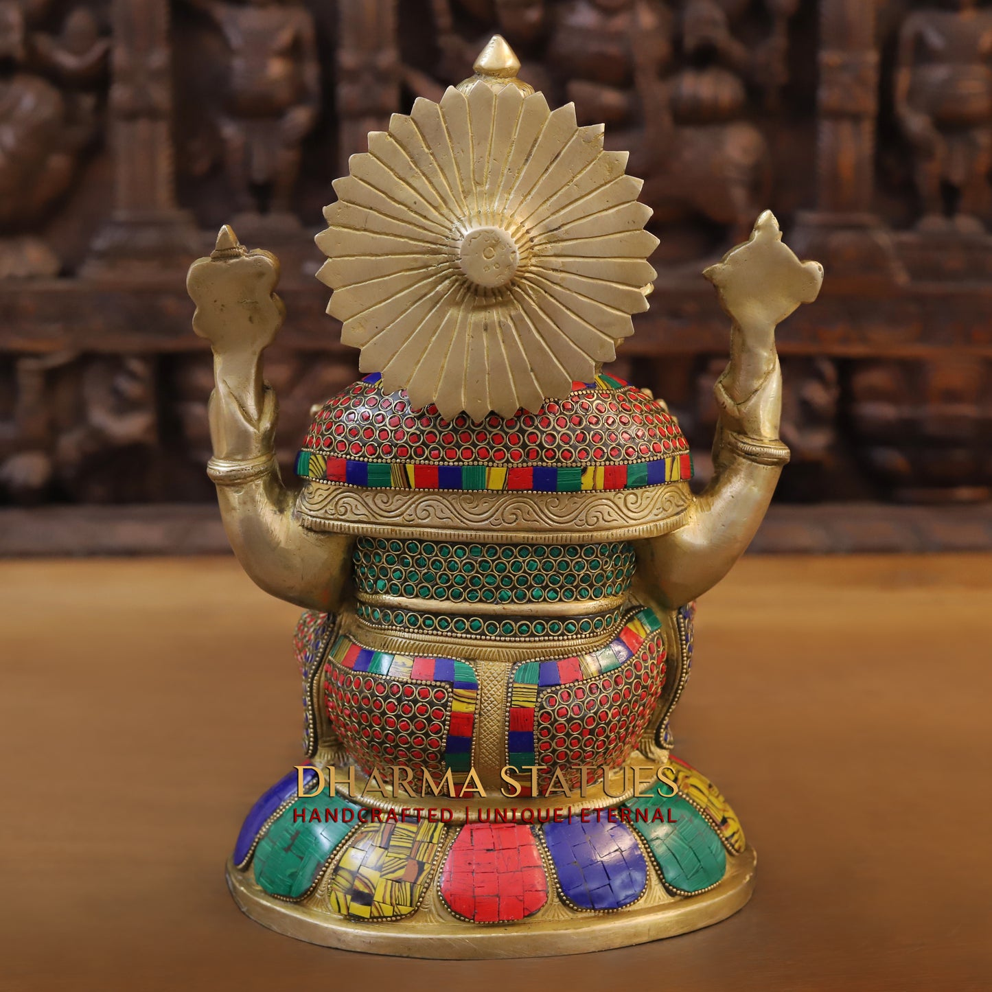 Brass Ganesh seated on Base, Blessing Posture, Golden & Stonework, 13"