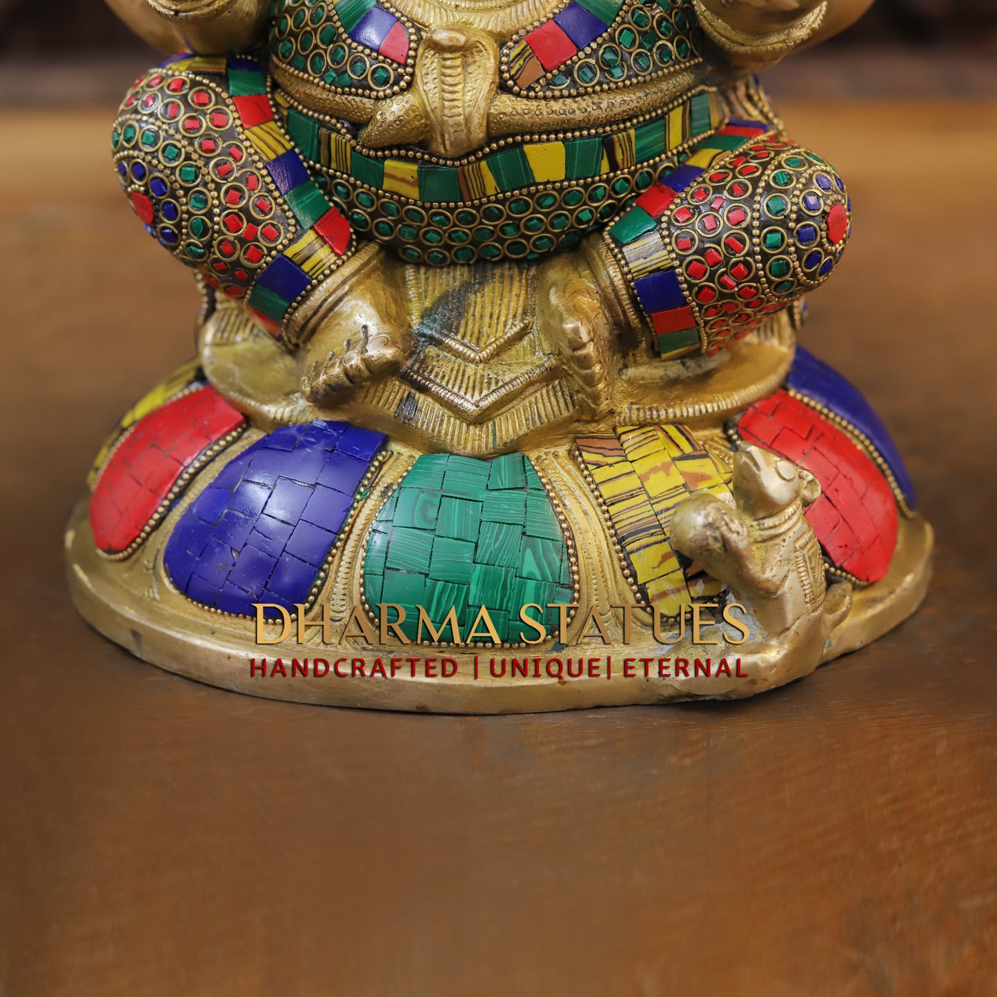 Brass Ganesh seated on Base, Blessing Posture, Golden & Stonework, 13"