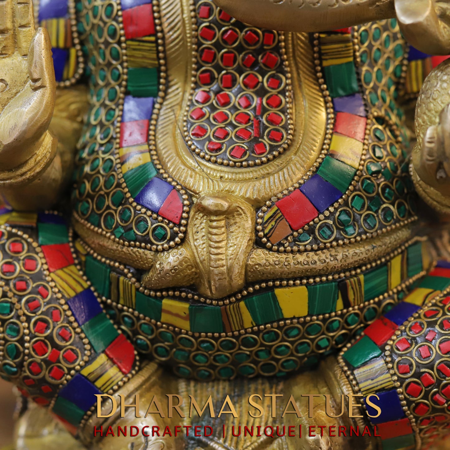 Brass Ganesh seated on Base, Blessing Posture, Golden & Stonework, 13"