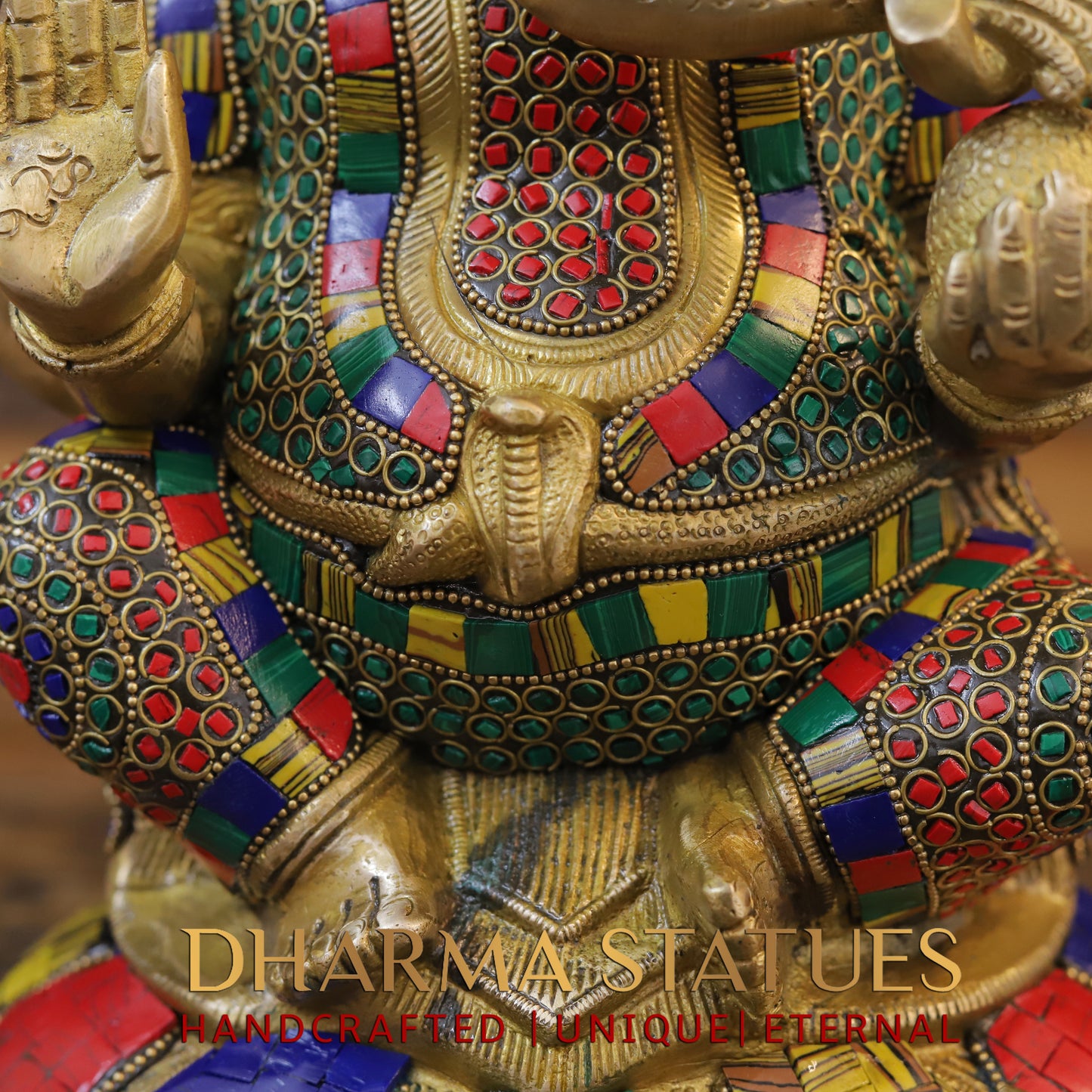 Brass Ganesh seated on Base, Blessing Posture, Golden & Stonework, 13"