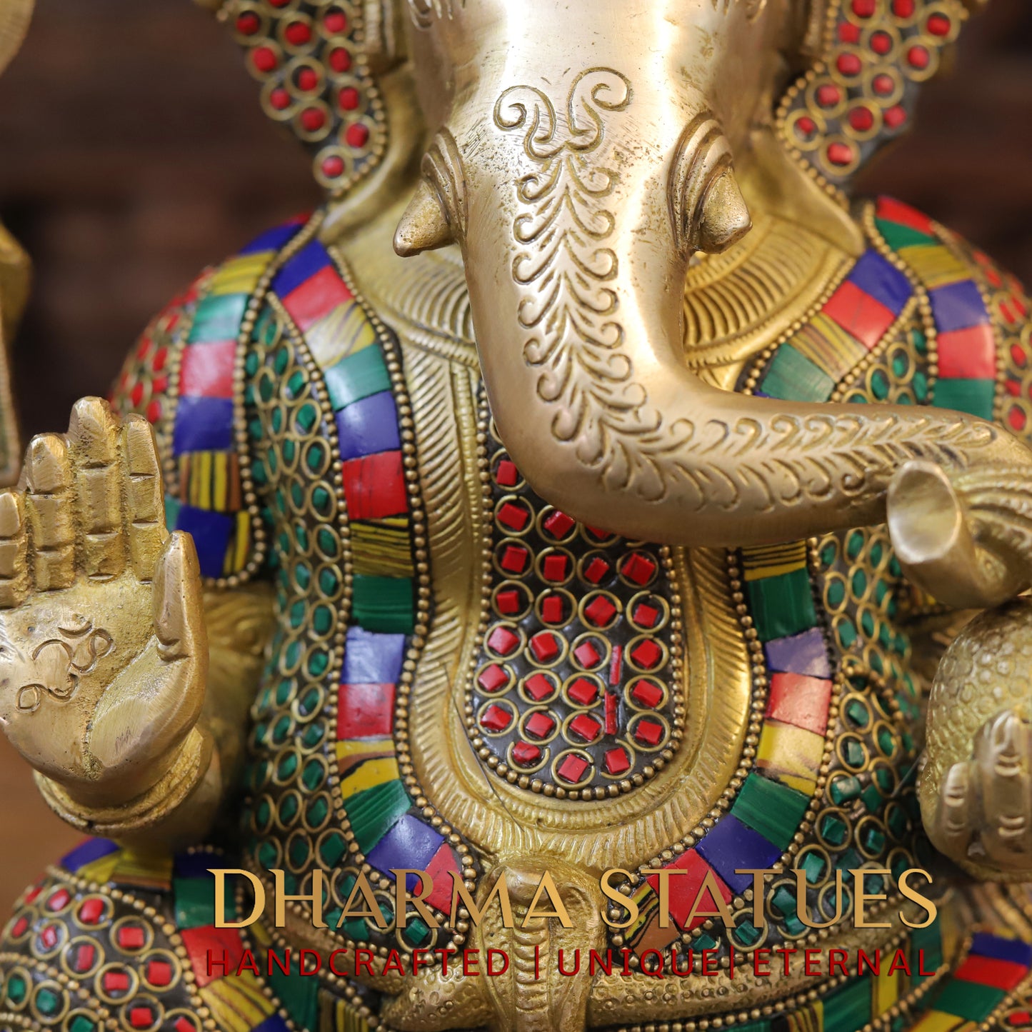 Brass Ganesh seated on Base, Blessing Posture, Golden & Stonework, 13"