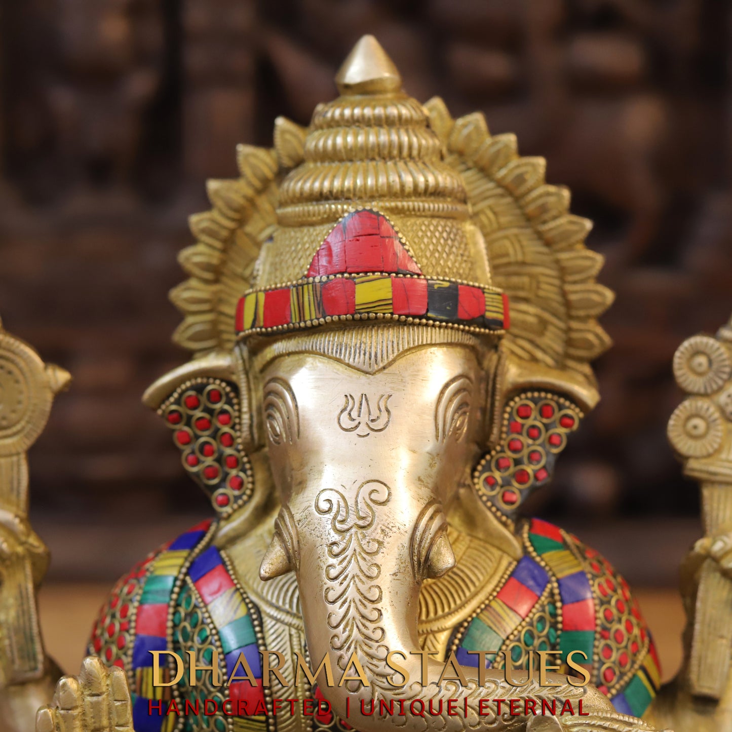 Brass Ganesh seated on Base, Blessing Posture, Golden & Stonework, 13"