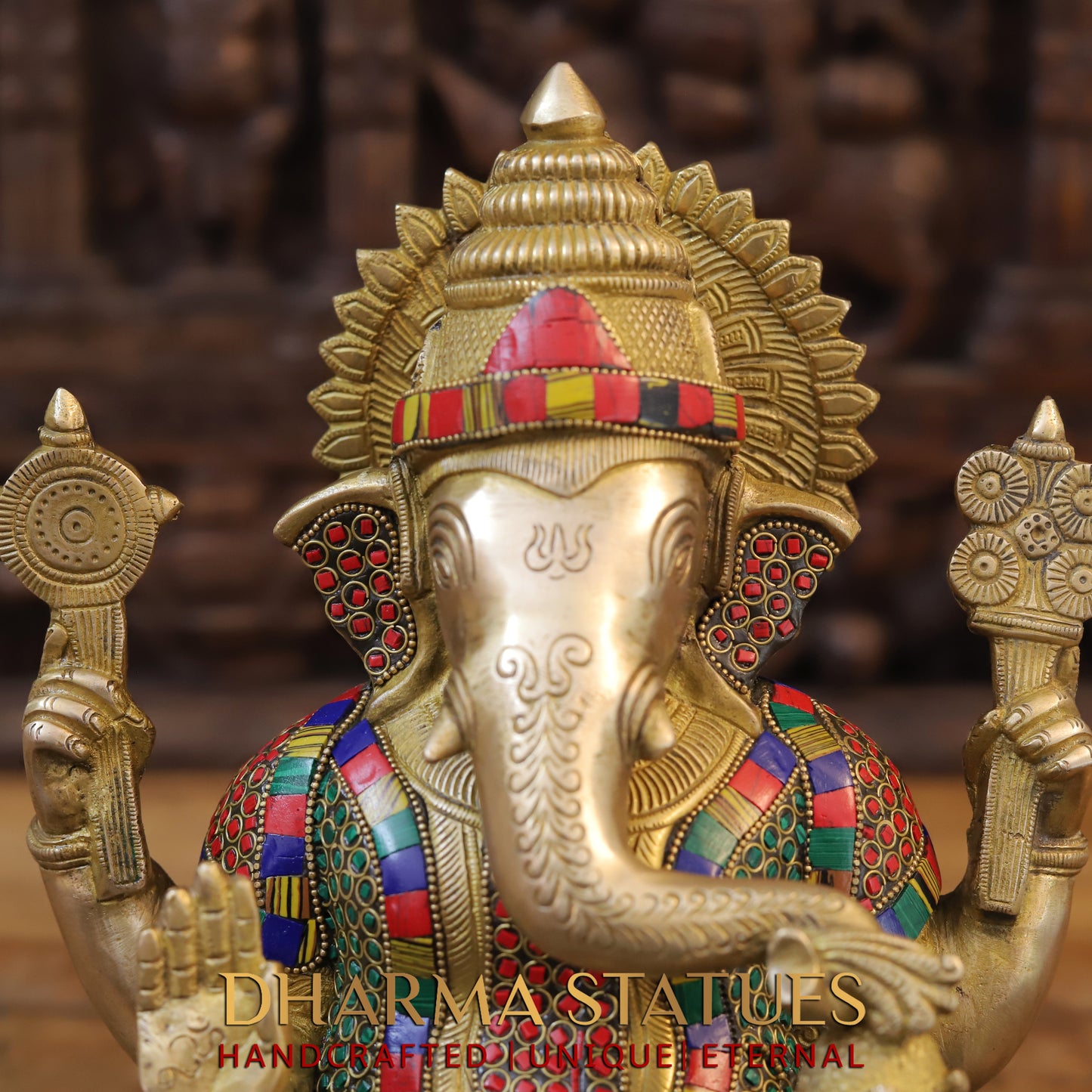 Brass Ganesh seated on Base, Blessing Posture, Golden & Stonework, 13"