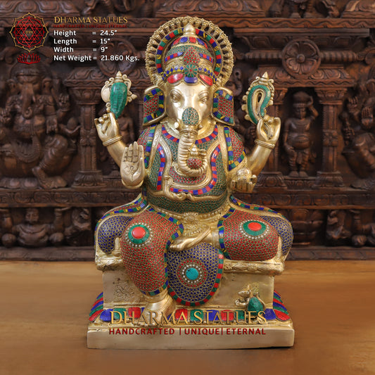 Brass Ganesh seated on Base, Blessing Posture, Golden & Stonework, 24.5"