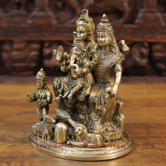 Brass Shiv Parivar Idol, Fine Golden Work 9.5"