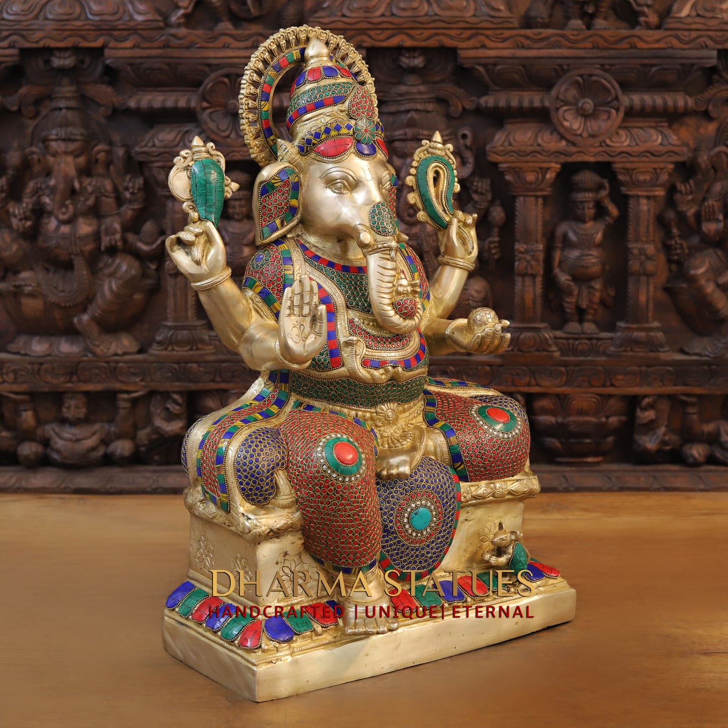 Brass Ganesh seated on Base, Blessing Posture, Golden & Stonework, 24.5"