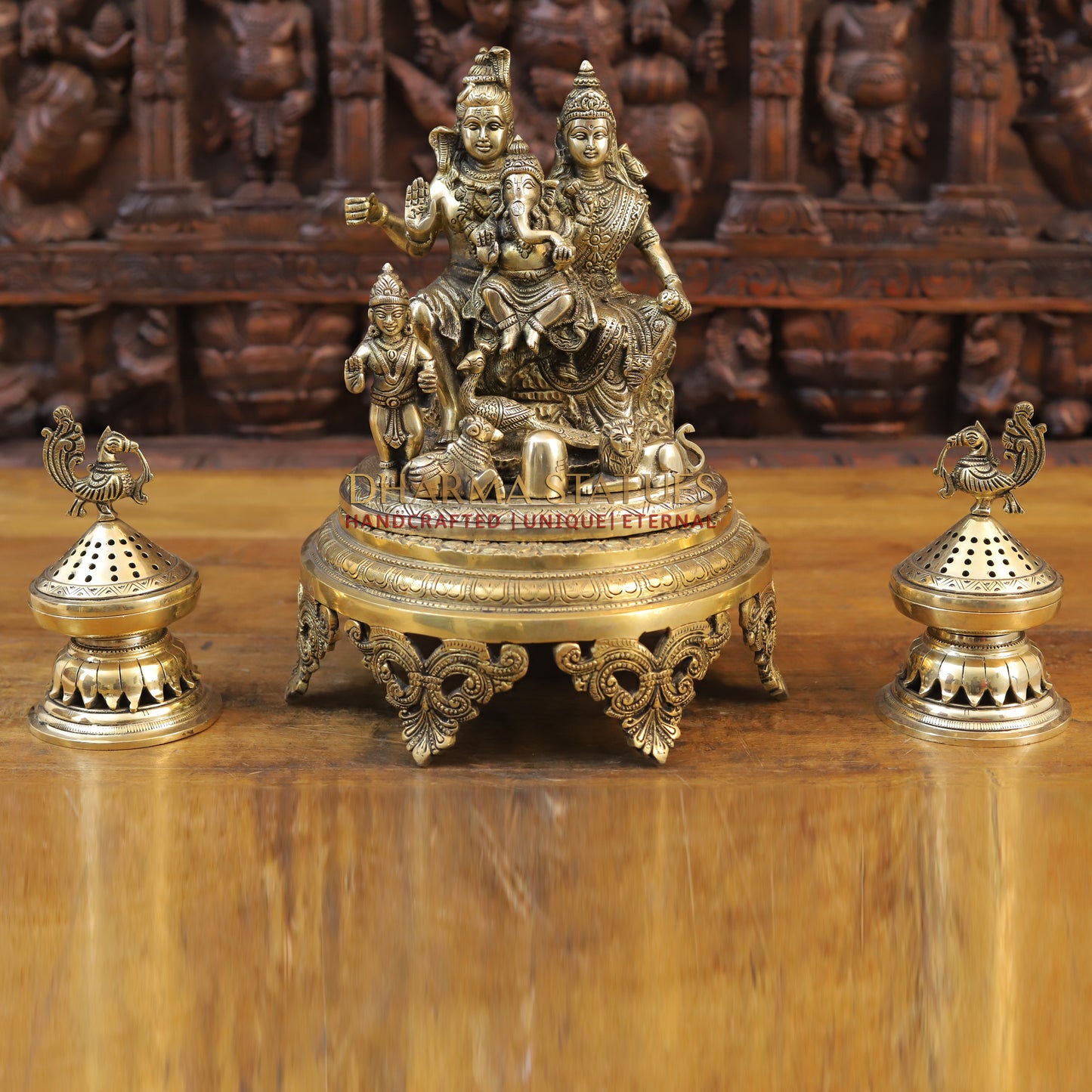 Brass Shiv Parivar Idol, Fine Golden Work 9.5"