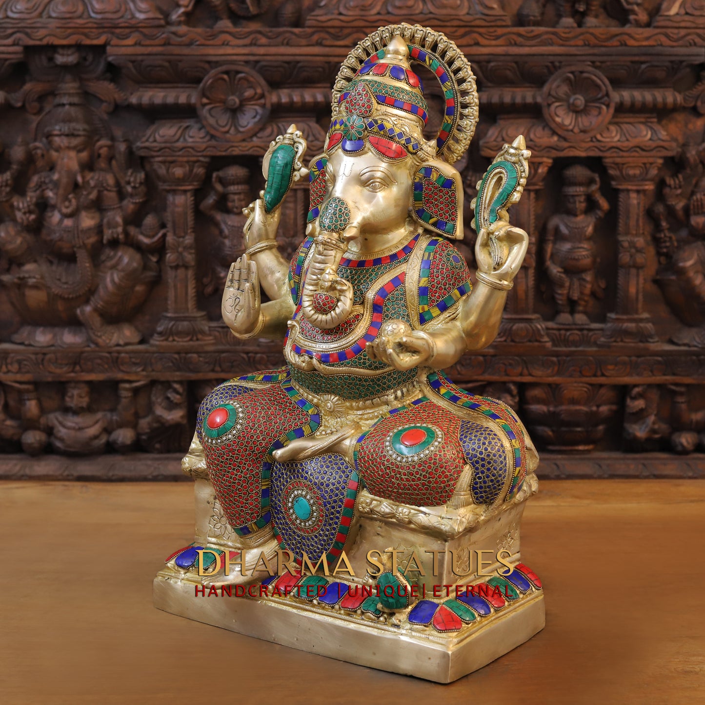 Brass Ganesh seated on Base, Blessing Posture, Golden & Stonework, 24.5"